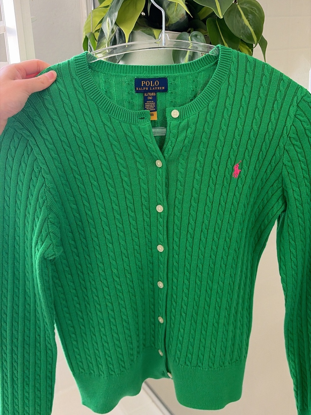 Polo Ralph Lauren Green Cable Knit Cardigan XL 16 💚
